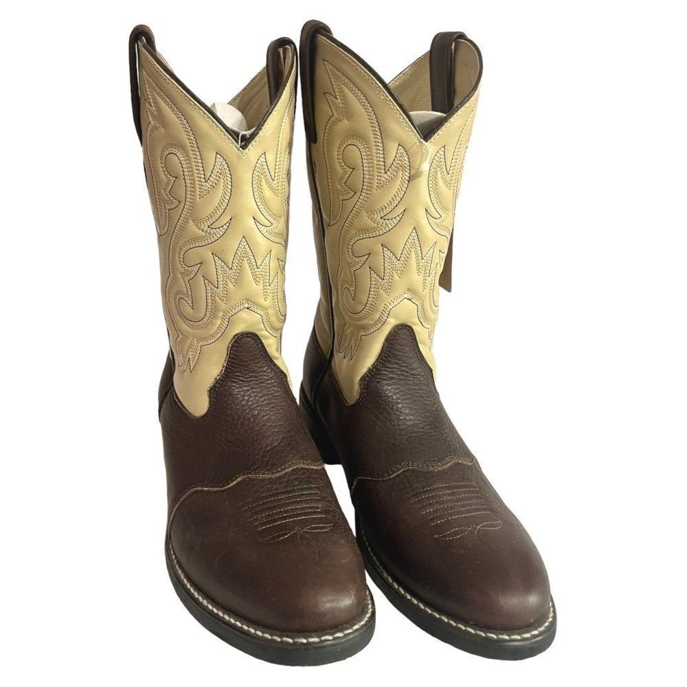 Acme Western Cowboy Boots Brown & Cream Men's Size 9D NWOT